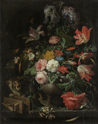 Flower Still Life with Cat and Mouse Trap by Abraham Mignon
